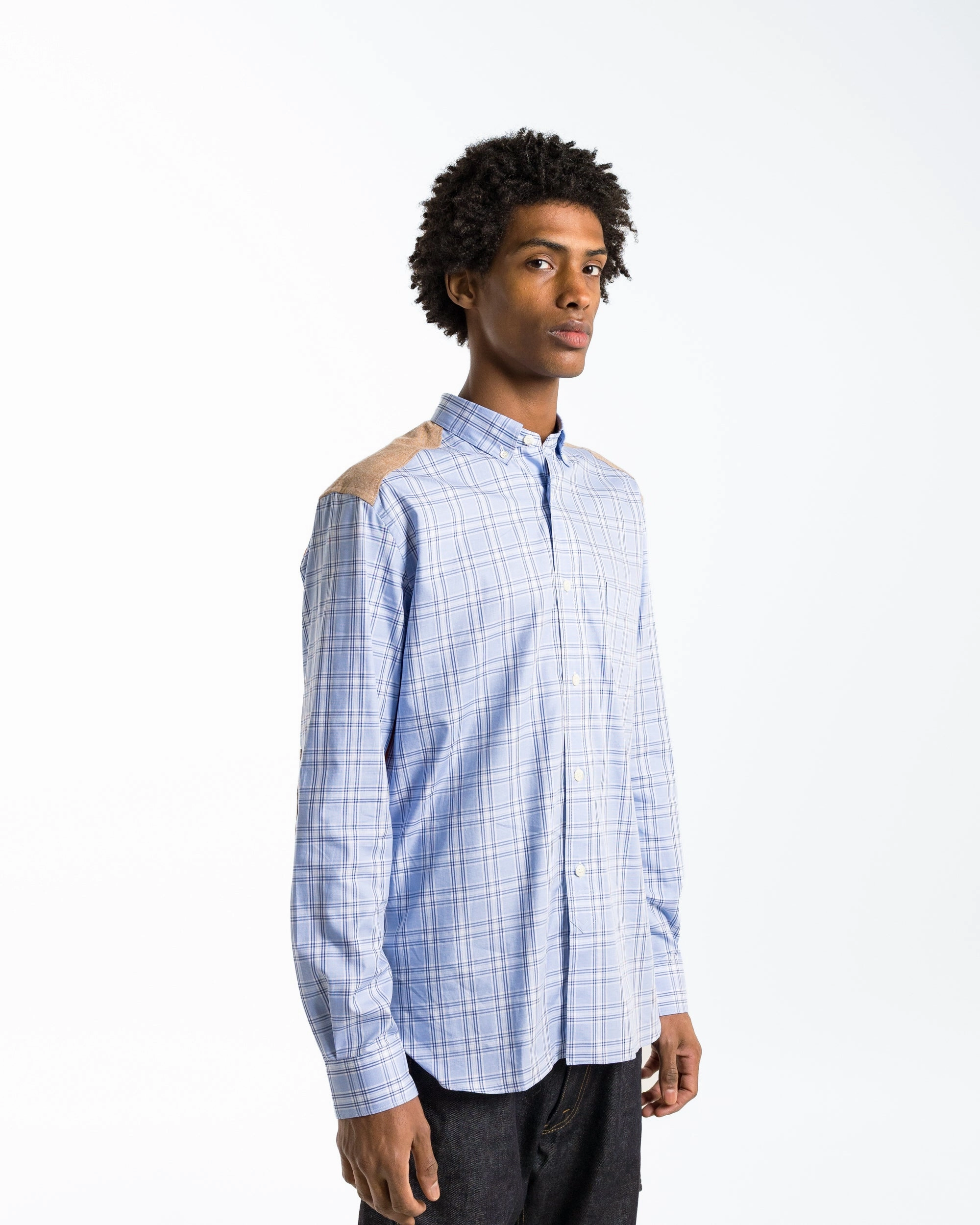 Cotton Check Nylon Quilting Shirt - Sax/Orange Urban Fashion