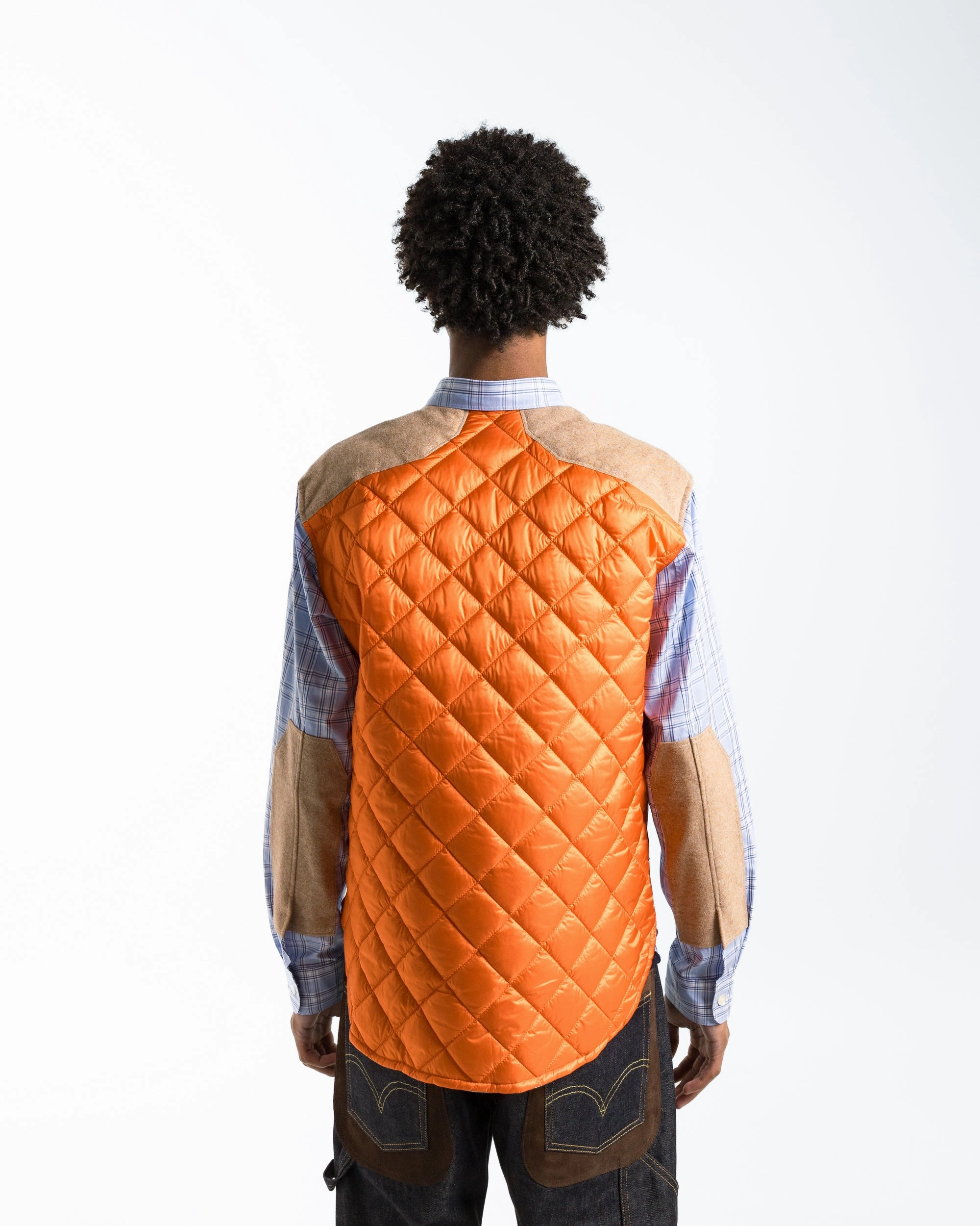 Contemporary Design Cotton Check Nylon Quilting Shirt - Sax/Orange
