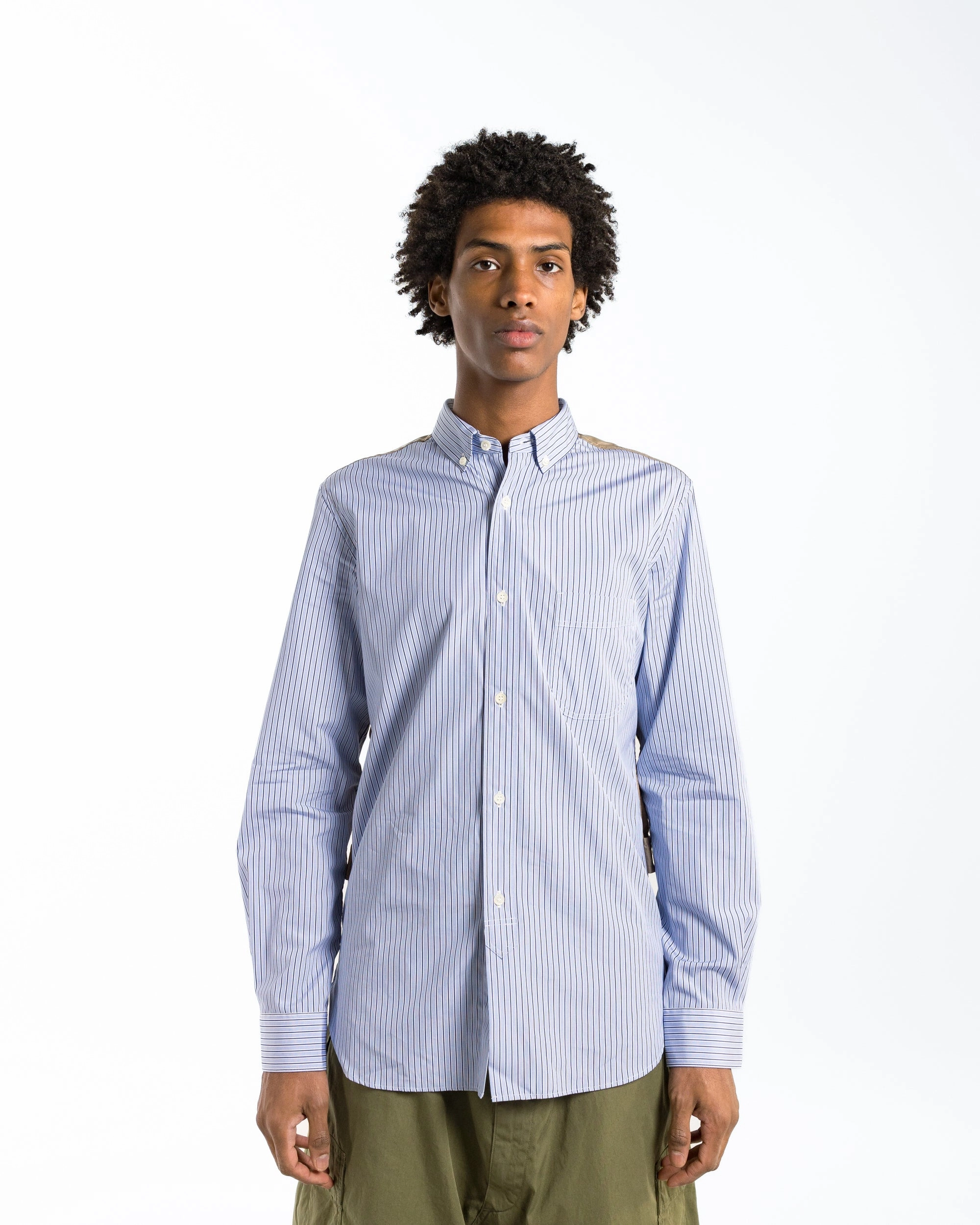 Cotton Stripe Nylon Taffeta Shirt - Sax/Beige Stretchable Fabric