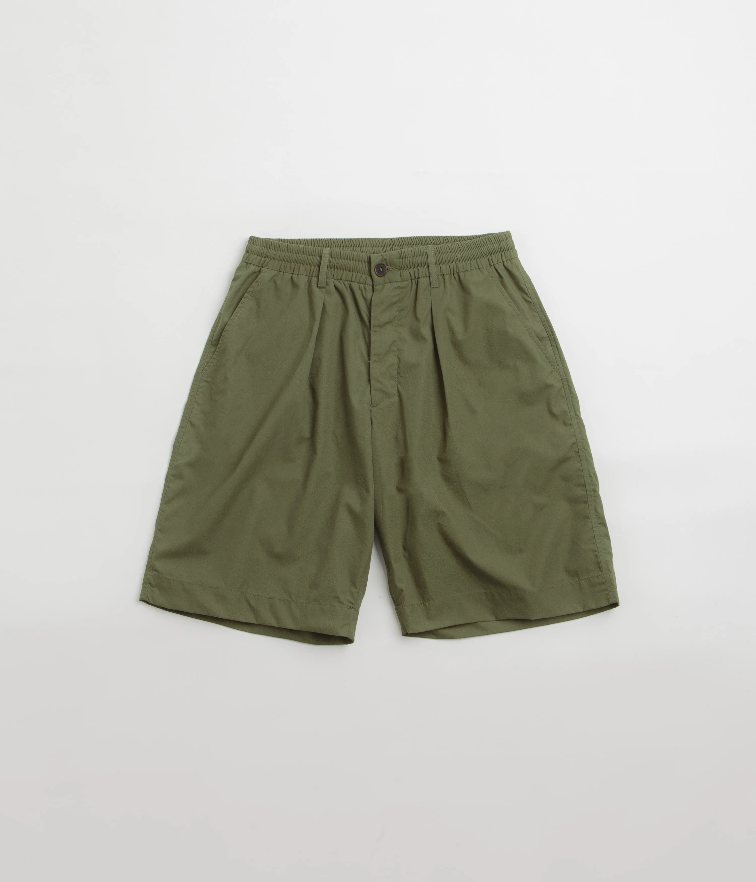 Universal Works Pleated Track Shorts - Olive silk blend Tear Resistant Panels