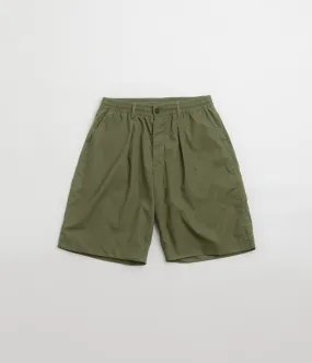 Universal Works Pleated Track Shorts - Olive silk blend Tear Resistant Panels
