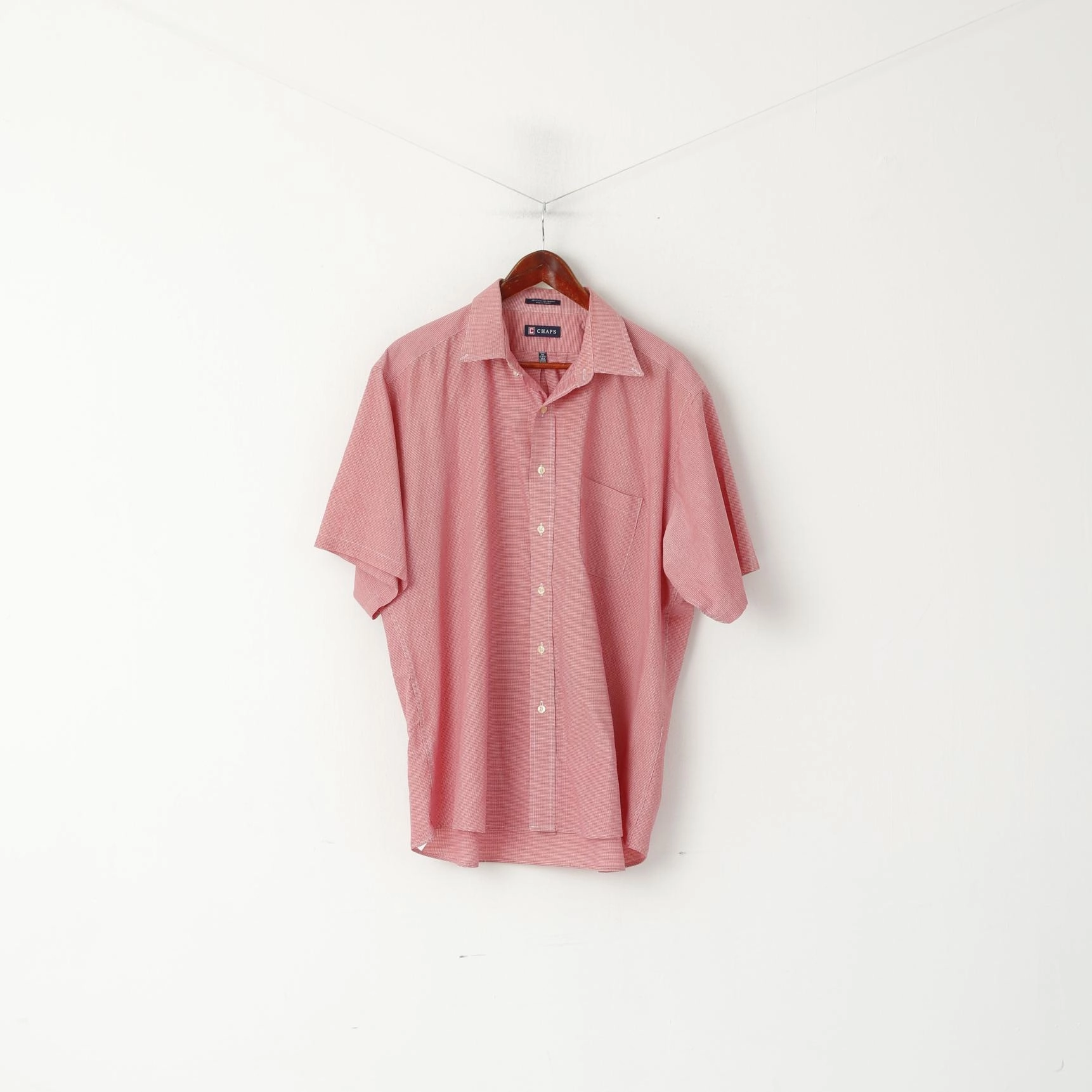 Unisex Design Chaps Men XL Casual Shirt Red Mini Check Cotton Buttons Down Collar Short Sleeve Top