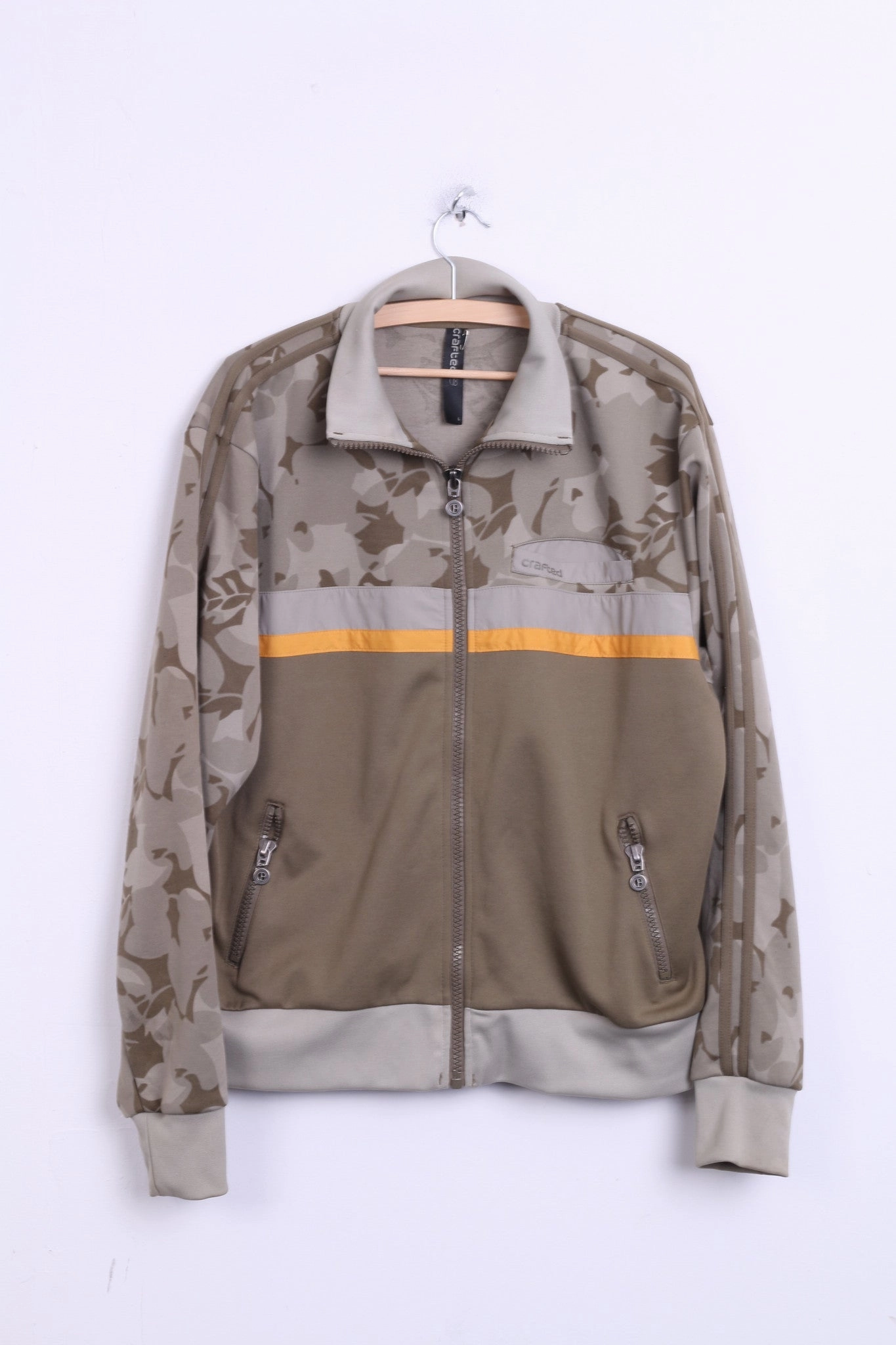 Crafted Men L Sweatshirt Khaki Camuflage Full Zipper Shiny Pockets Casual Top product snowboarding suitable thrill Vintage Look