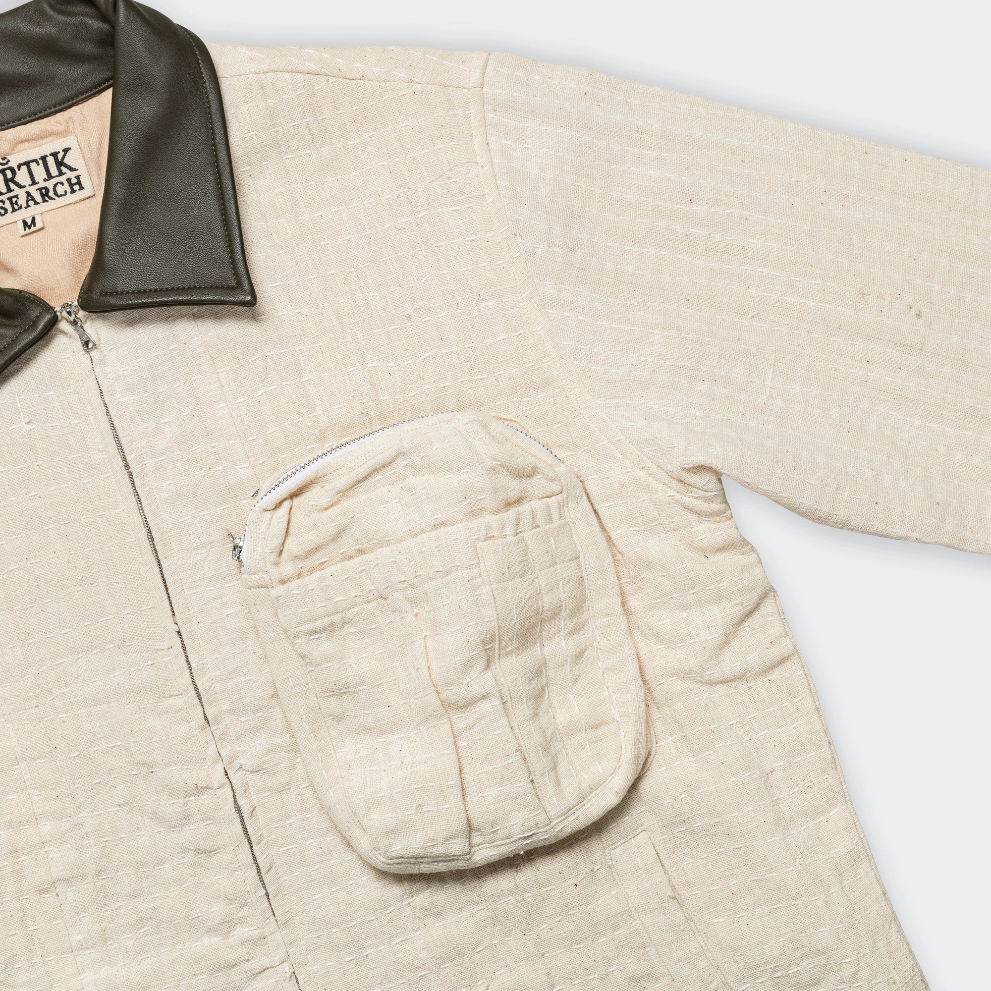 Adjustable Hem Cords wrinkle free Cropped Jacket - Kantha Embroidery Ecru/Olive