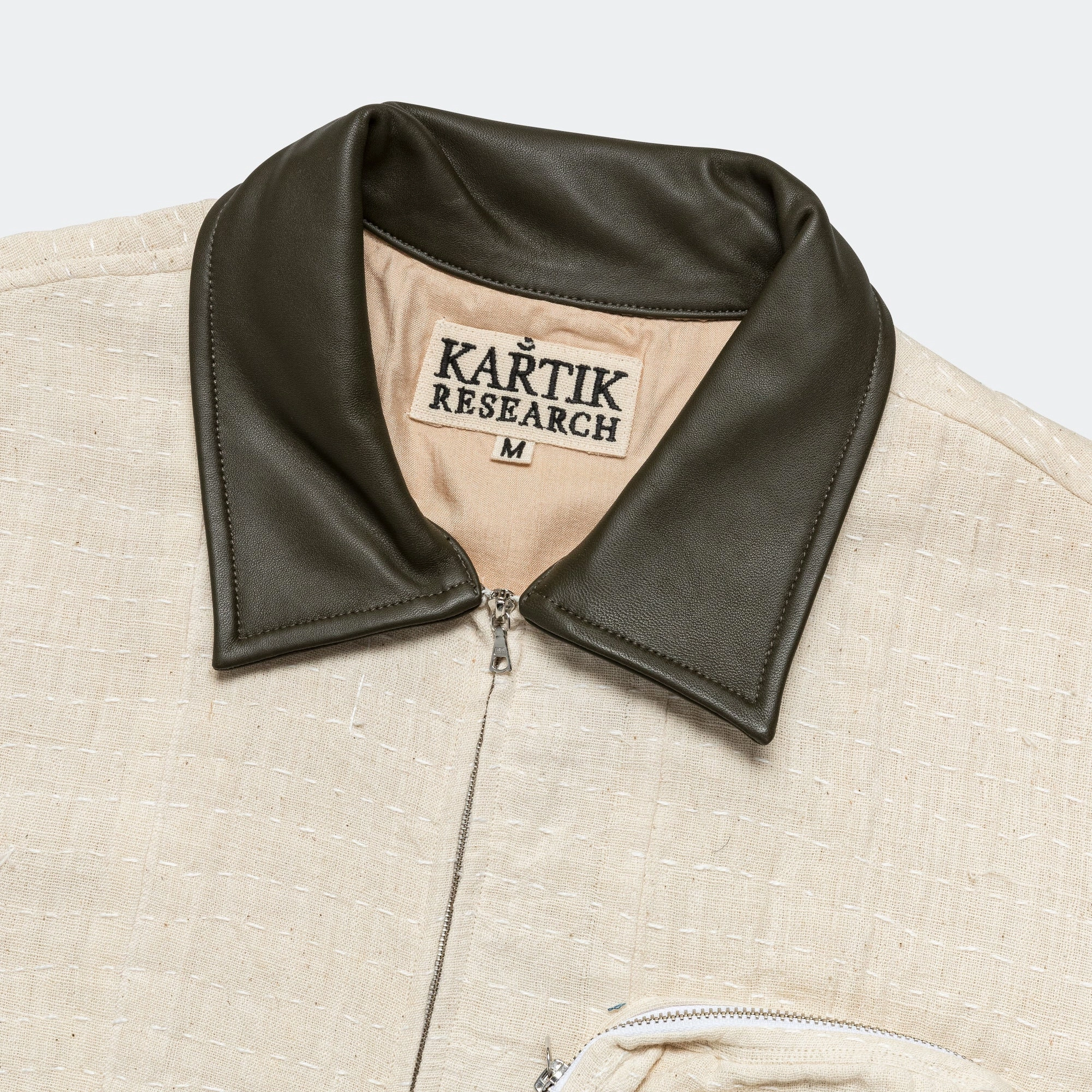 Rubberized Zippers Cropped Jacket - Kantha Embroidery Ecru/Olive