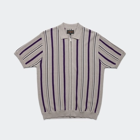 Durable Fabric Holiday Style Zip Knit Stripe Polo - Light Grey