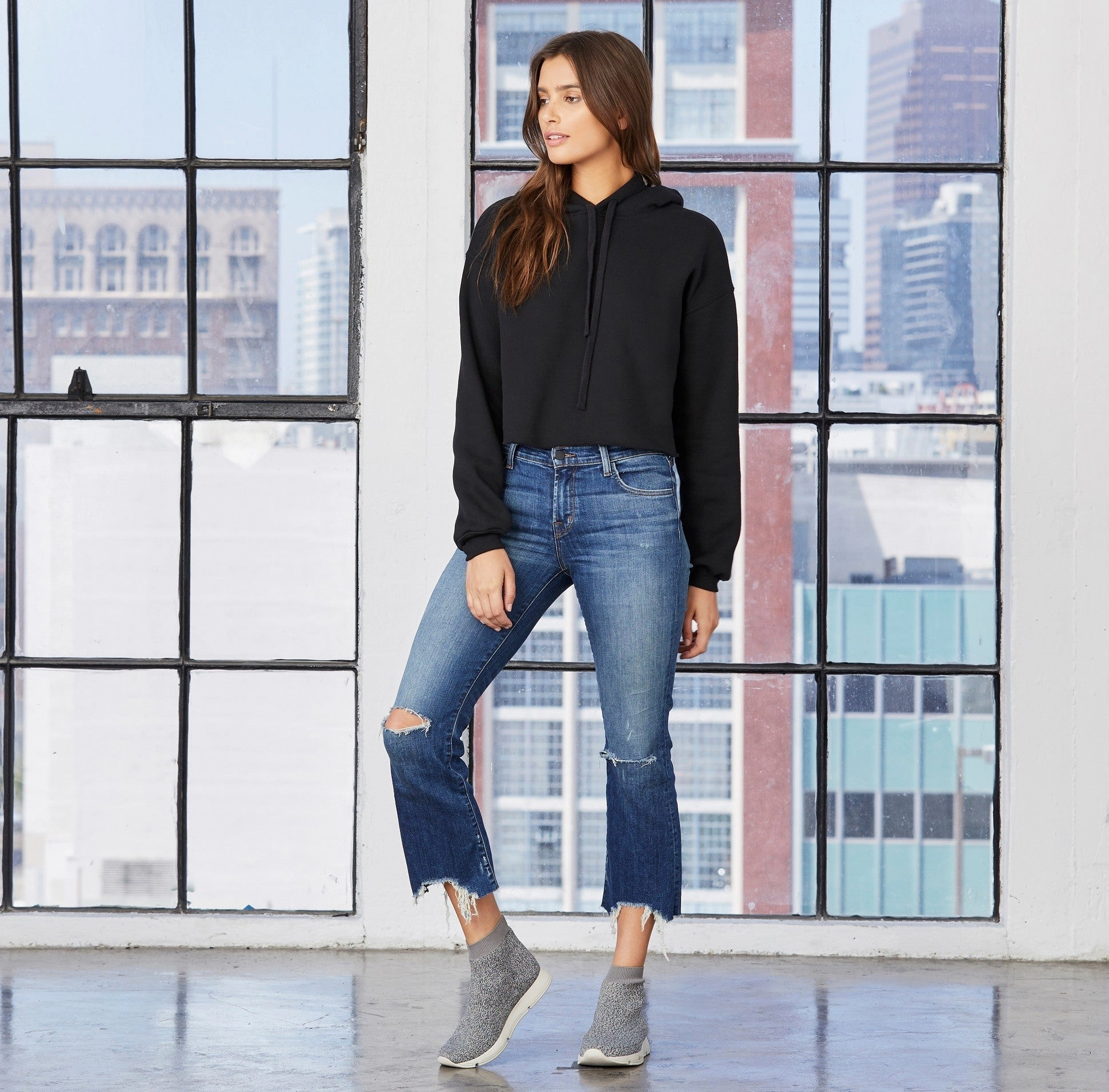 Women's Cropped Fleece Hoodie | BLACK Cotton Blend