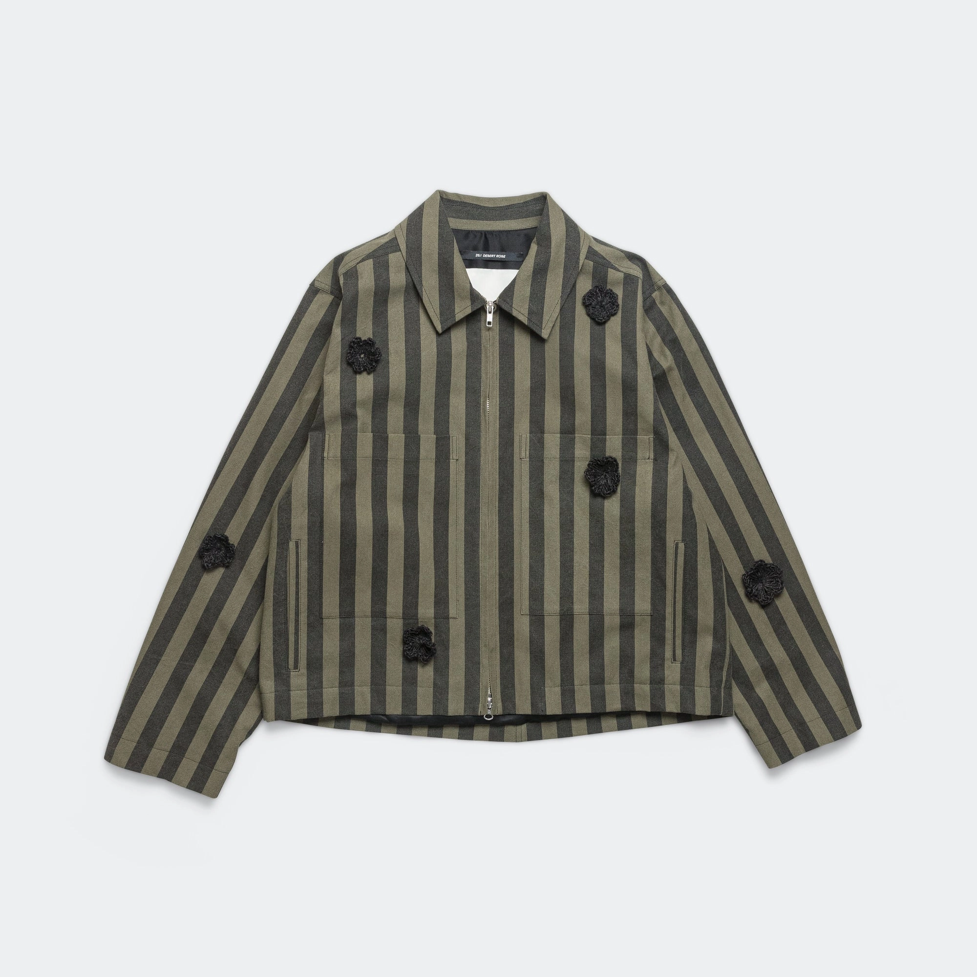 Daisy Crop Patch Pocket Jacket - Black/Green Wide Canvas Stripe Modern Fit