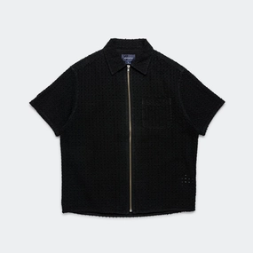 Hidden Button Placket Tagless label Damaged Denim Zip SS Shirt - Black