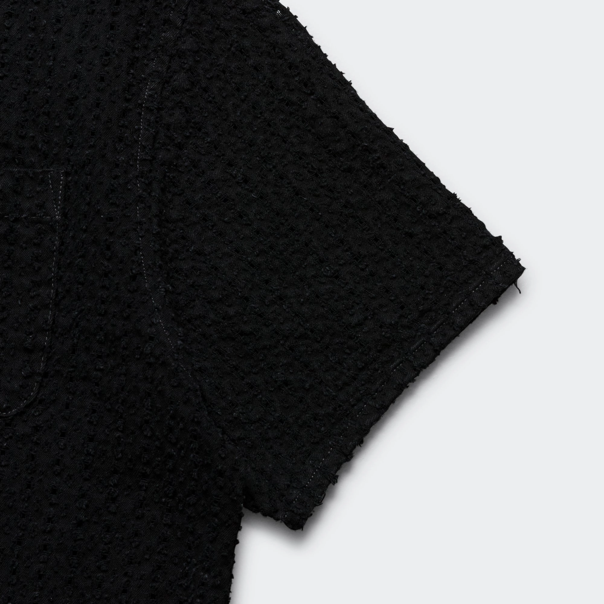 V-Neck Anniversary Celebration Damaged Denim Zip SS Shirt - Black