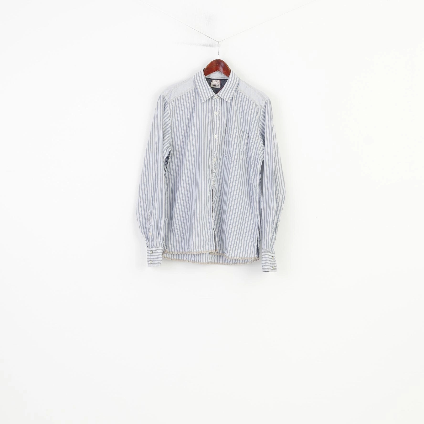 Hilfiger Denim Men L Casual Shirt Striped Long Sleeve Cotton White Collar Denim Top City Exploration