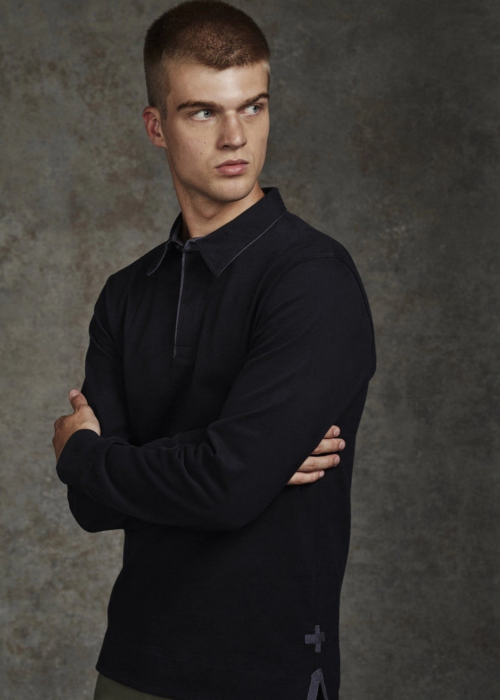 Matte Surface Texture Everyday Comfort Brushed Long Sleeve Rugby Shirt | BLACK