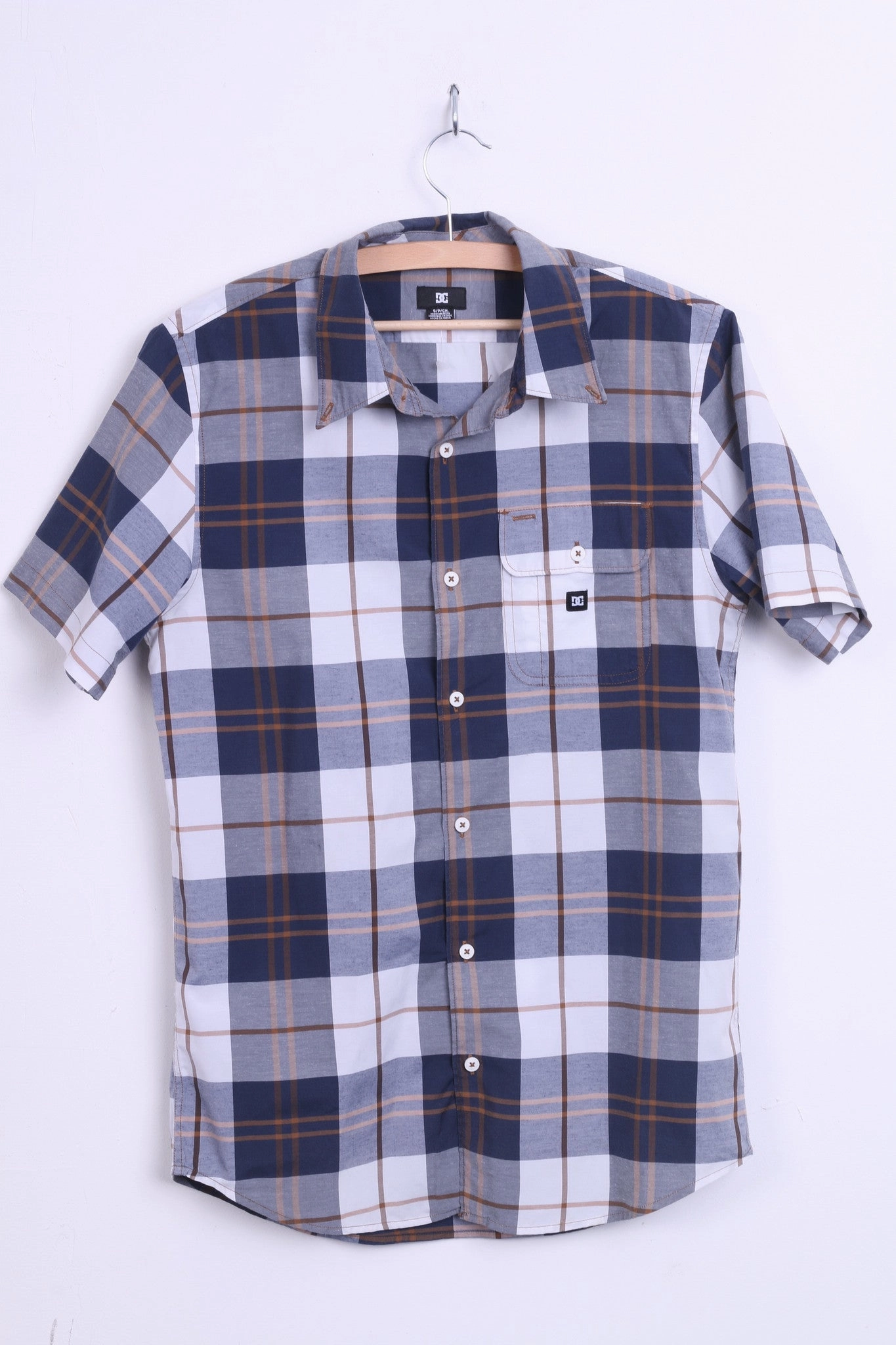 Cocktail Event DC Mens S Casual Shirt Short Sleeve Check Navy Top