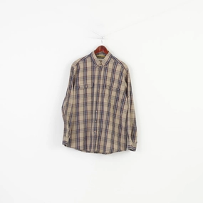 Camel Active Men L Casual Shirt Checkered Long Sleeve Brown Collar Cotton Top bohemian flair