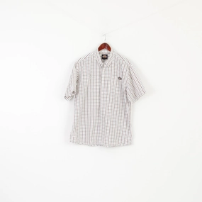 Plus Size Chic Design Dickies Men XL Casual Shirt Beige Checkered Cotton Blend Pocket Short Sleeve Top