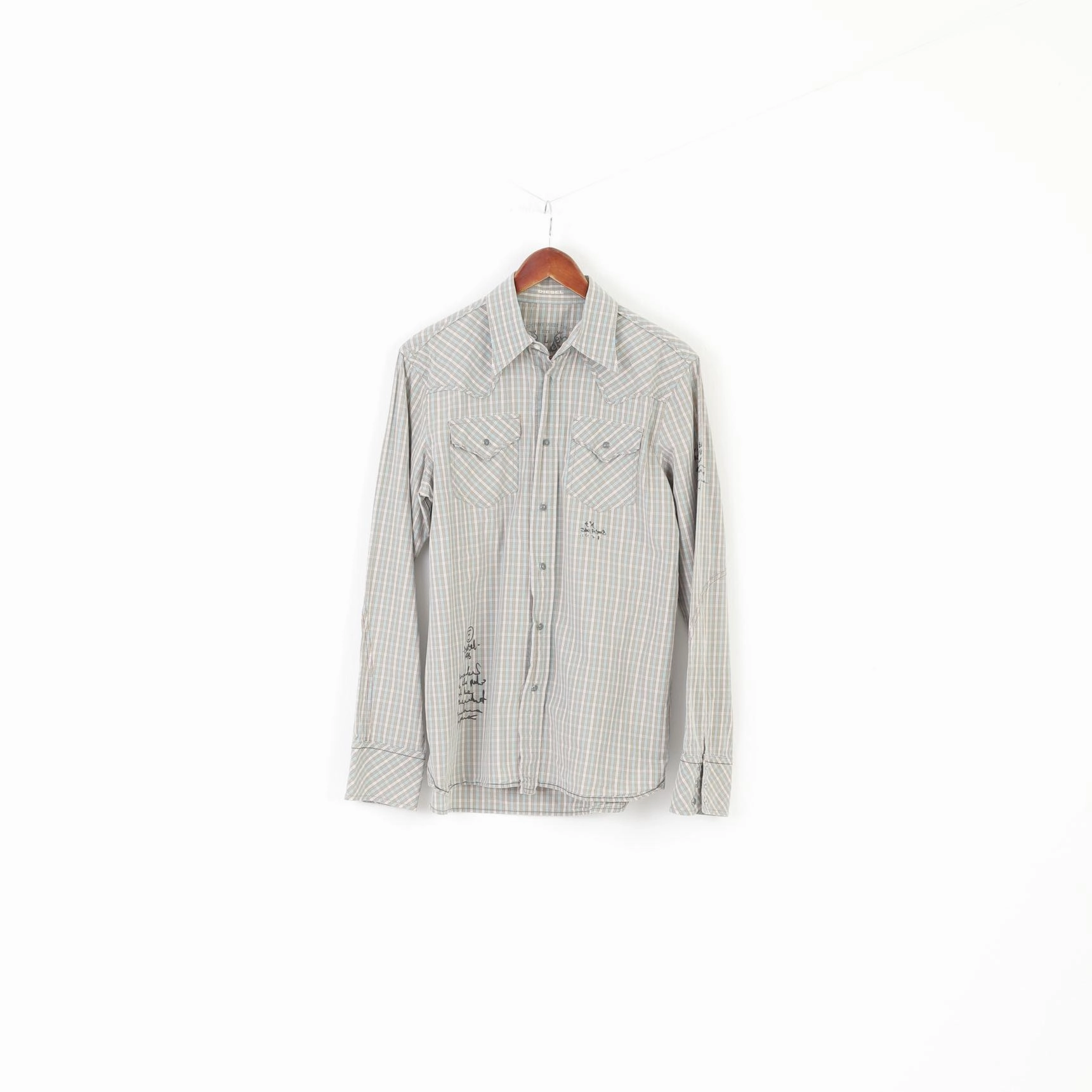 All Purpose Weave Design Diesel Men L Casual Shirt Gray Check Cotton Pockets Snap Long Sleeve Slim Top