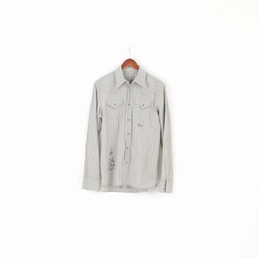 All Purpose Weave Design Diesel Men L Casual Shirt Gray Check Cotton Pockets Snap Long Sleeve Slim Top