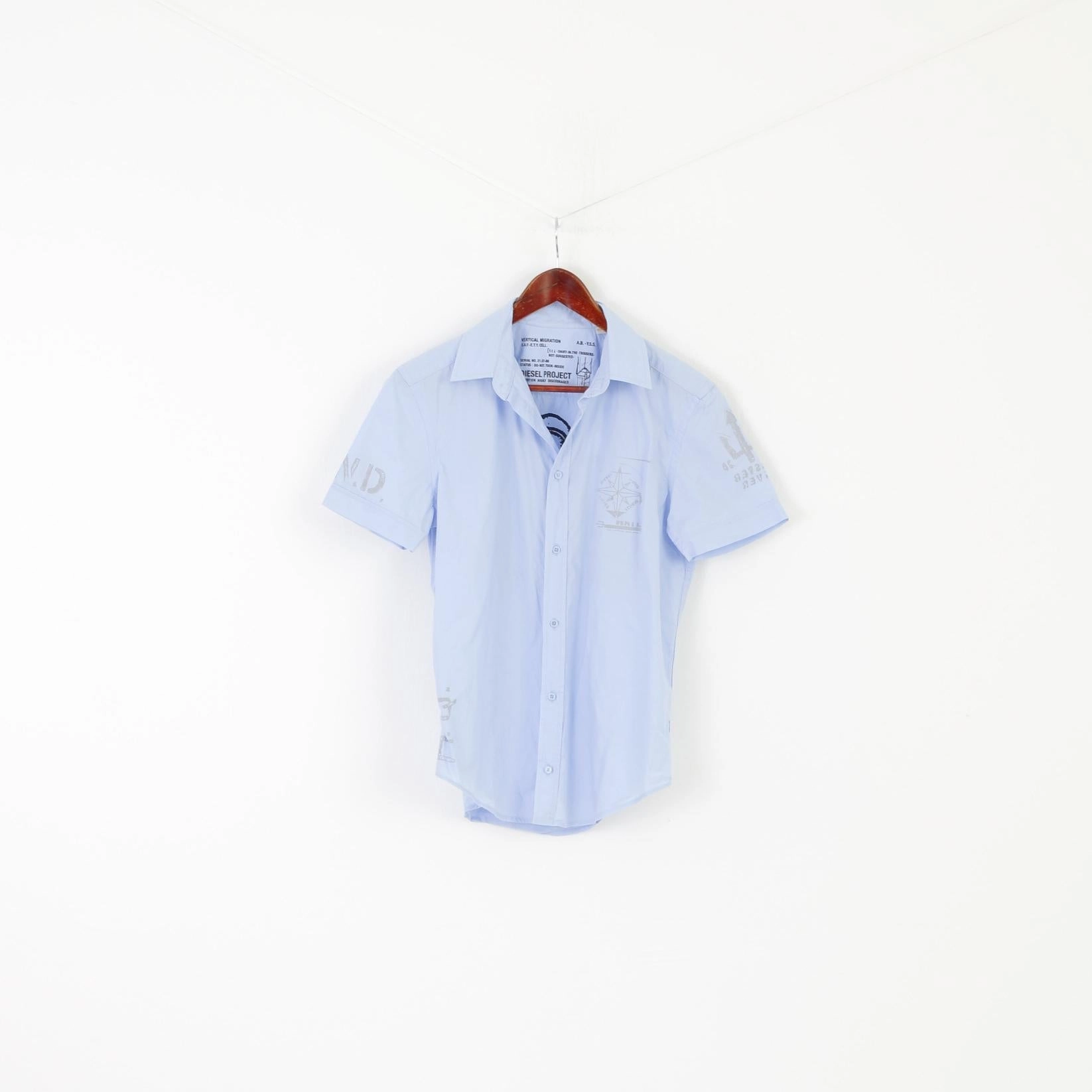 Diesel Men M Casual Shirt Blue Cotton Water Work Under Sea Diver Short Sleeve Top Durable Fabric Two Tone Stitching