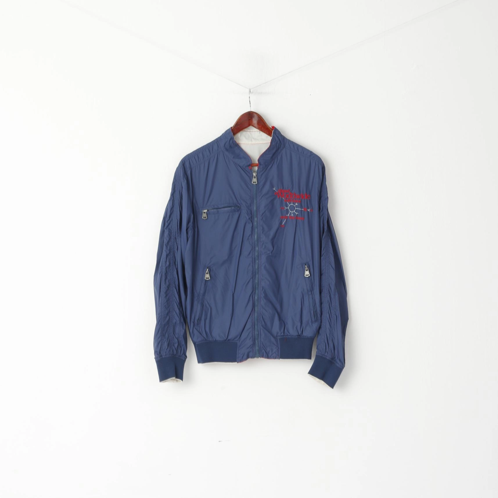 Diesel Men M (S) Jacket Navy Red Double-Sided Light Nylon Waterproof Zip Up Top Casual Warmth Packable Layer