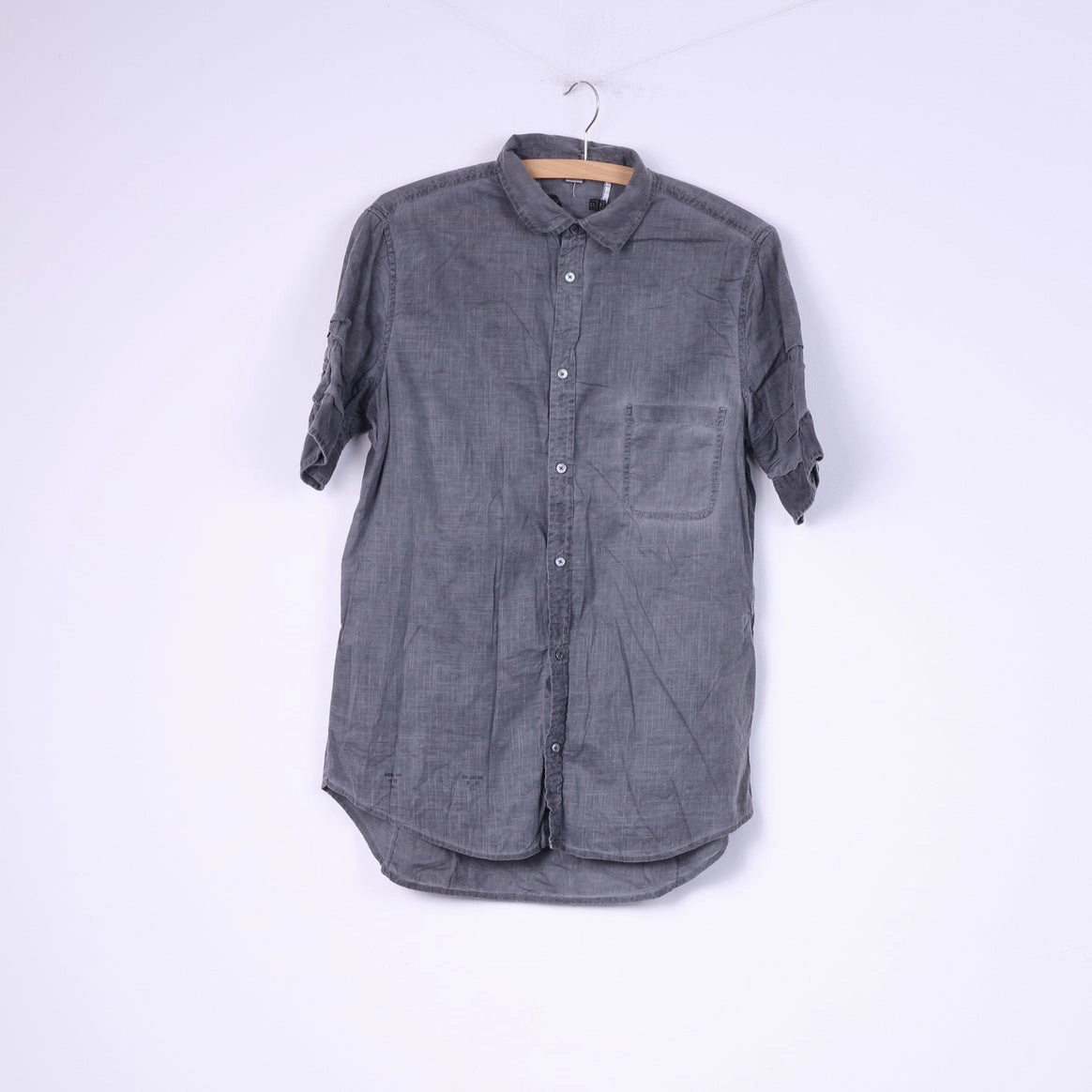Diesel Mens M Casual Shirt Short Sleeve Grey Cotton Summer Top Reinforced Side Vents Handcrafted Detail