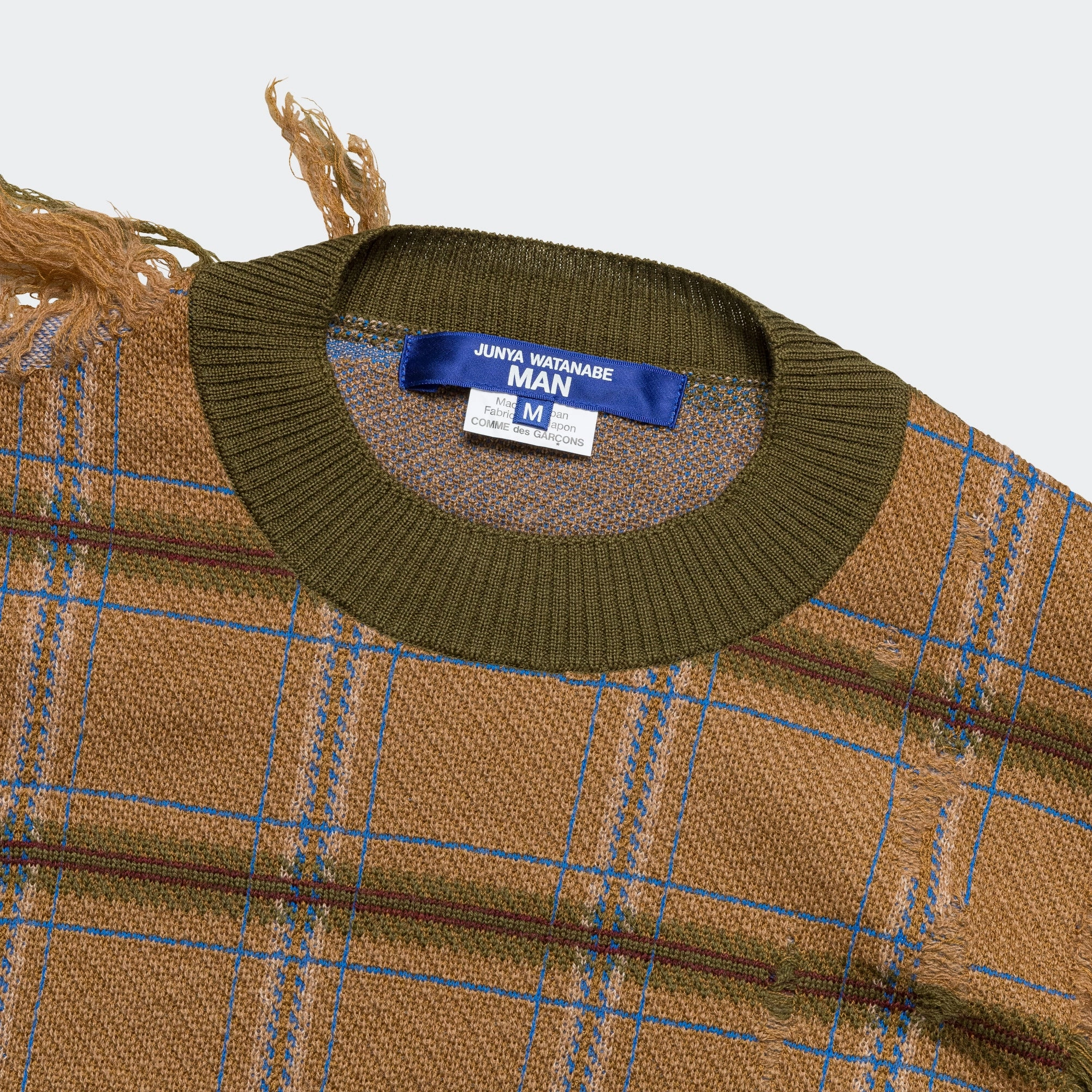 Distressed Check Knit Crew - Camel/Blue Layered Look