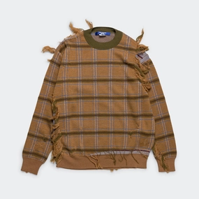 City Comforted Distressed Check Knit Crew - Camel/Blue