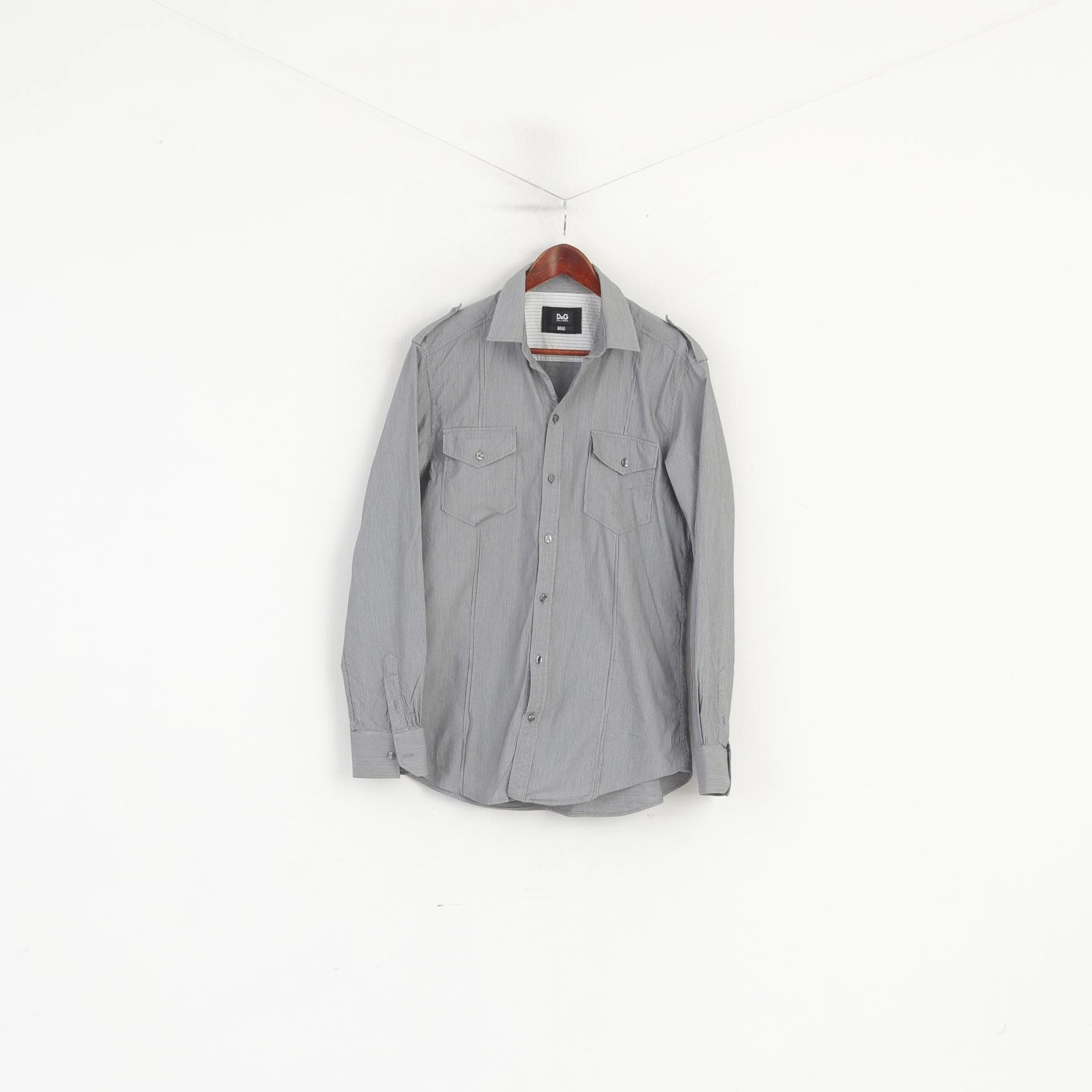 Reinforced Shoulders Dolce & Gabbana Men 16.5 42 M Casual Shirt Grey Striped Cotton Brad Long Sleeve Top