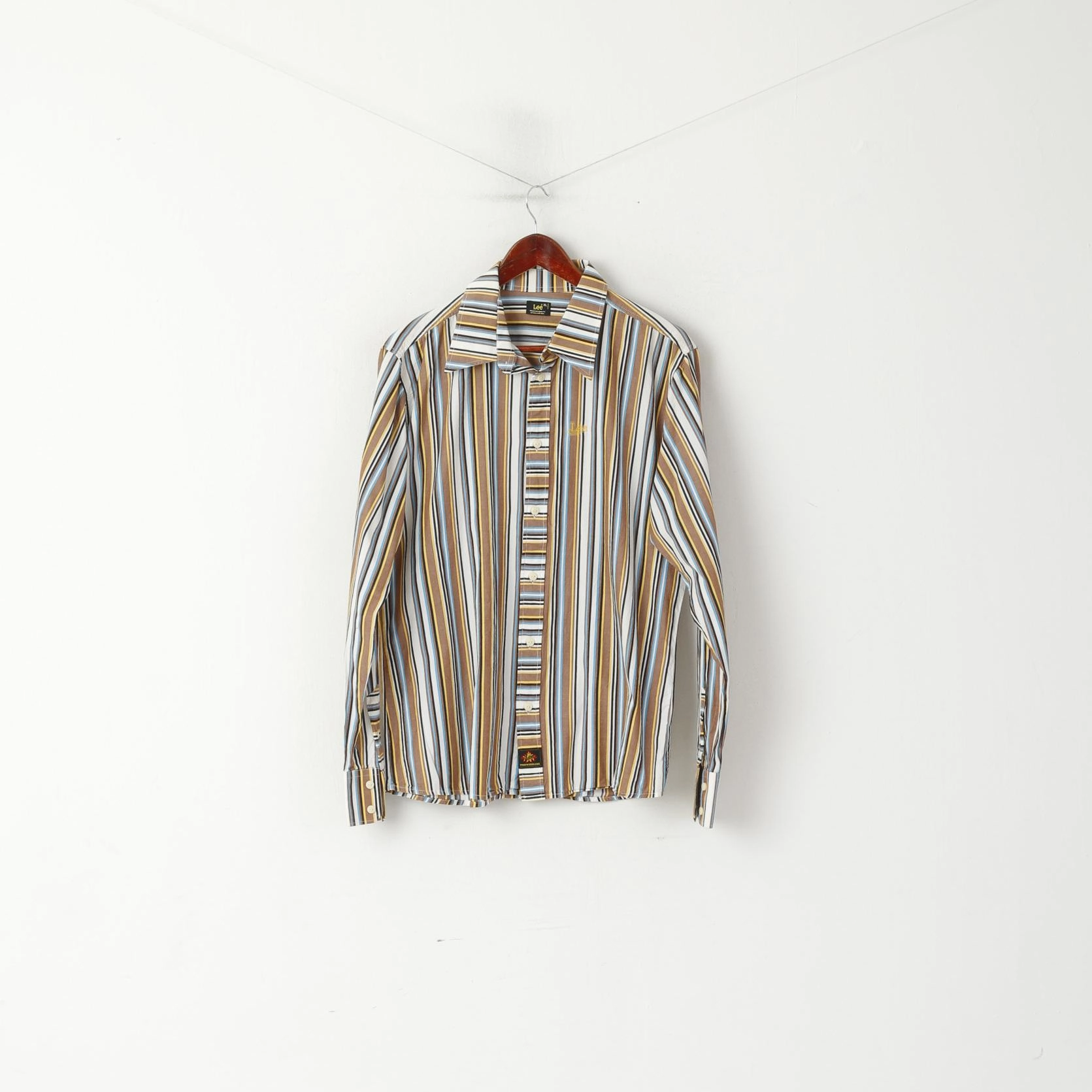 Street Style Breathable fabric Lee Men XL Casual Shirt Brown Striped Cotton Western Standard Collar Long Sleeve Top