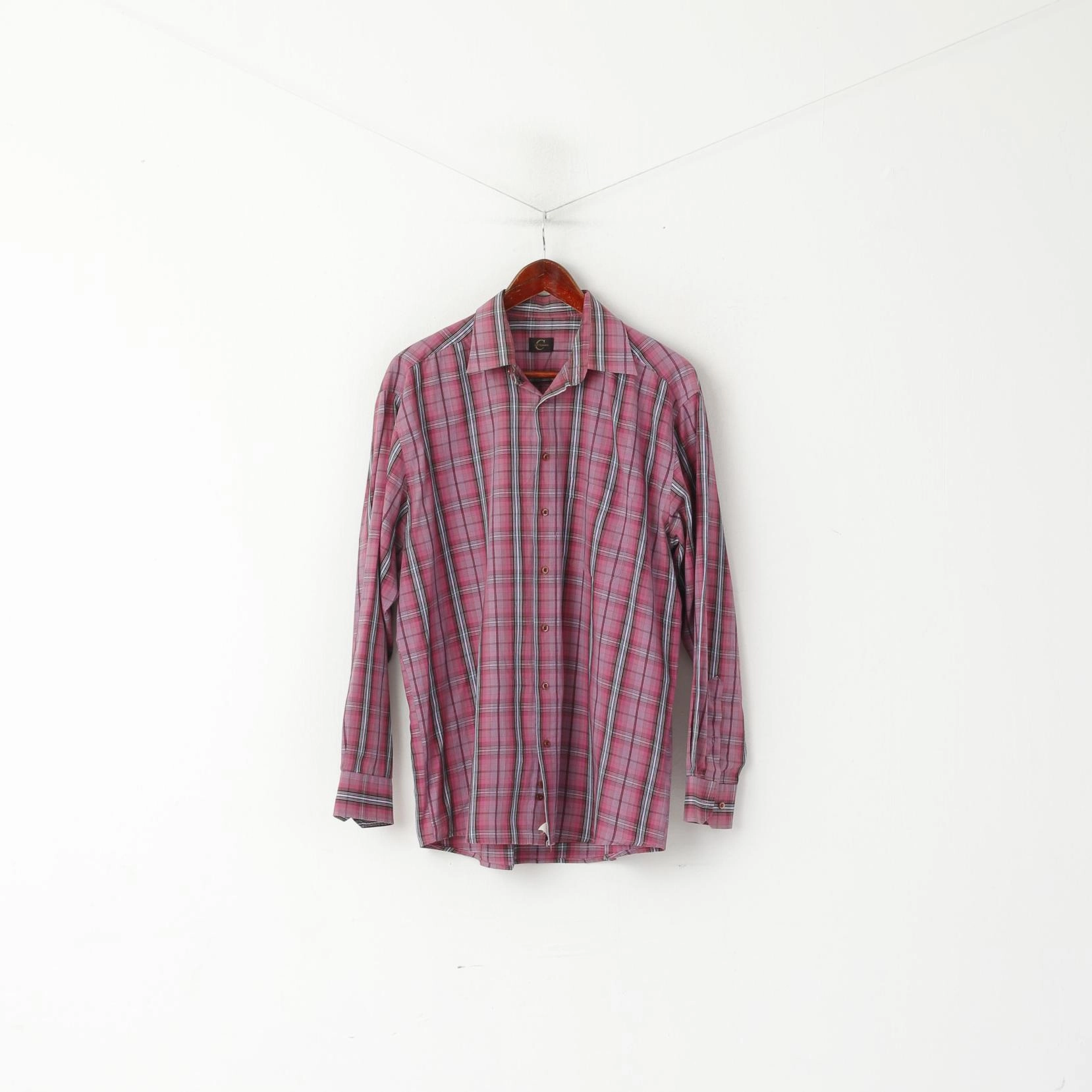 Sweat-Absorbing Just Calvino Men XL Casual Shirt Pink Check Cotton Long Sleeve Pocket Top