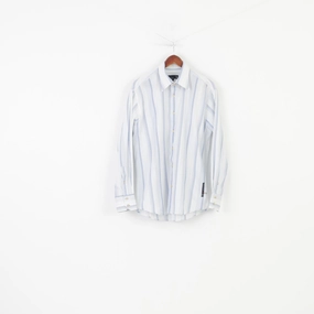 Duck And Cover Men L Casual Shirt Striped Blue Long Sleeve Collar Cotton Top Seasonal Collection