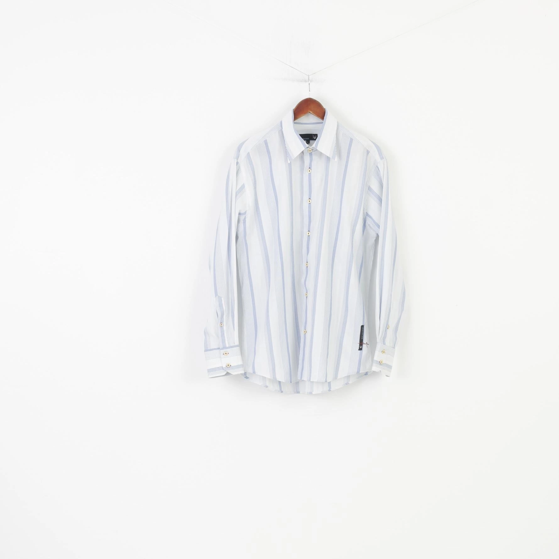 Duck And Cover Men L Casual Shirt Striped Blue Long Sleeve Collar Cotton Top Seasonal Collection