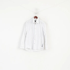 Duck and Cover Men L Casual Shirt White Striped Cotton Long Sleeve Top Casual Wear