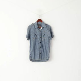 Duck and Cover Men M Casual Shirt Blue Jeans Cotton Pocket Short Sleeve Snap Top Microfiber Material