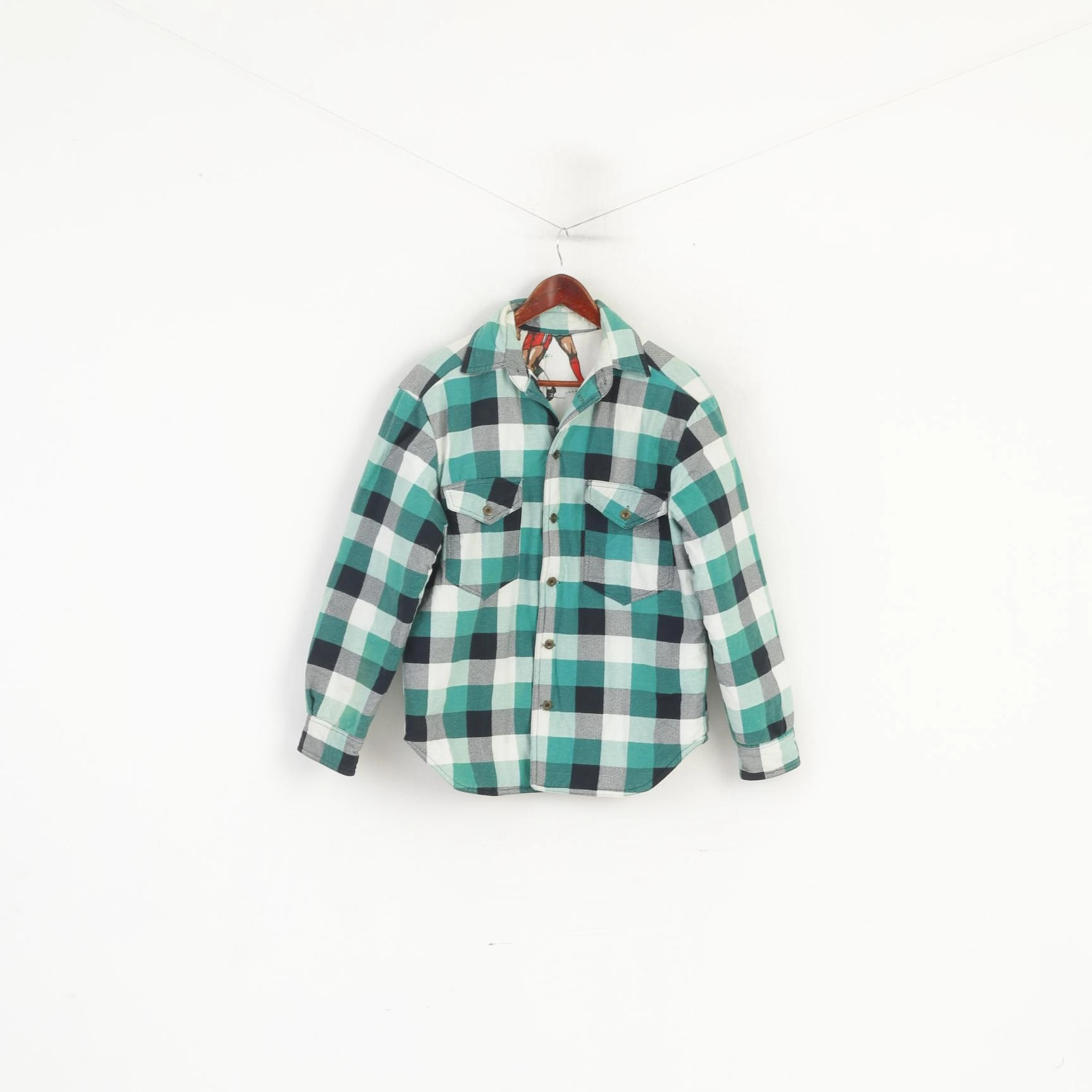 Luxury Feel Vintage Men M Casual Shirt Green Check Padded Football Print Lined Top