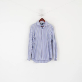 Contemporary Style Flexible Mobility Polo by Ralph Lauren Men L Casual Shirt Blue Pink Striped Cotton Regent Custom Fit Top