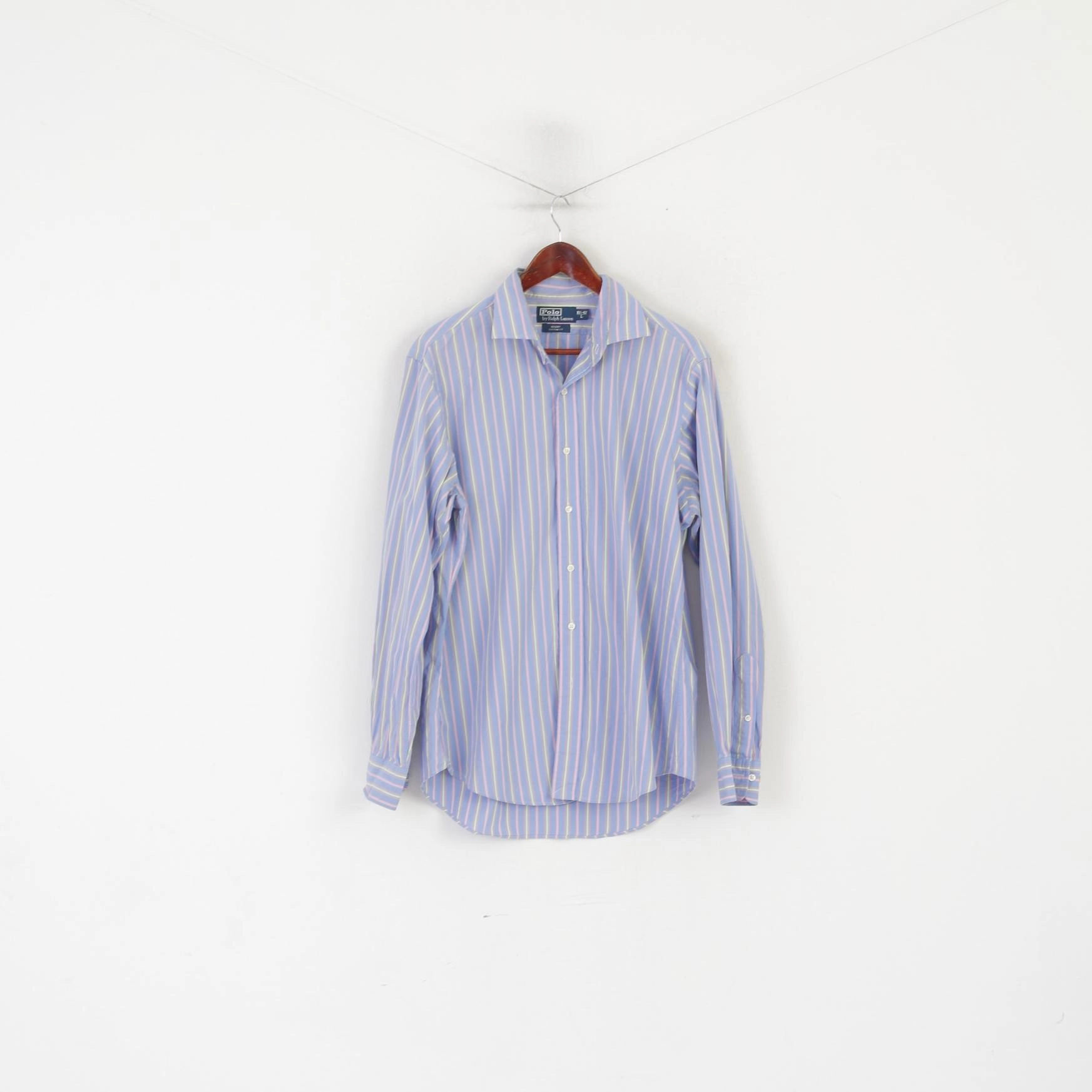 Contemporary Style Flexible Mobility Polo by Ralph Lauren Men L Casual Shirt Blue Pink Striped Cotton Regent Custom Fit Top