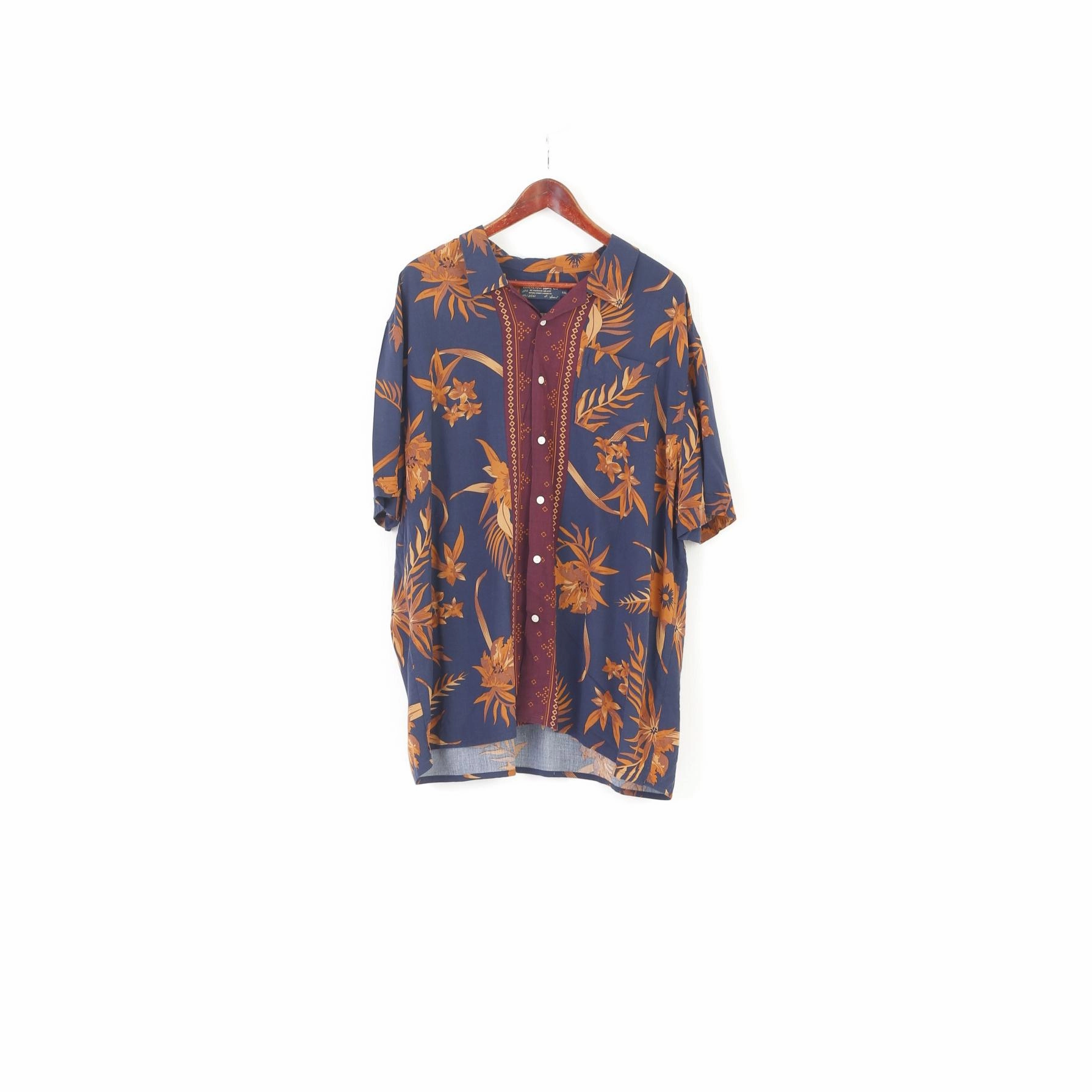 Seamless Side Panels Hammond & Co Men XXL Casual Shirt Navy Floral Viscose Vintage Short Sleeve Top
