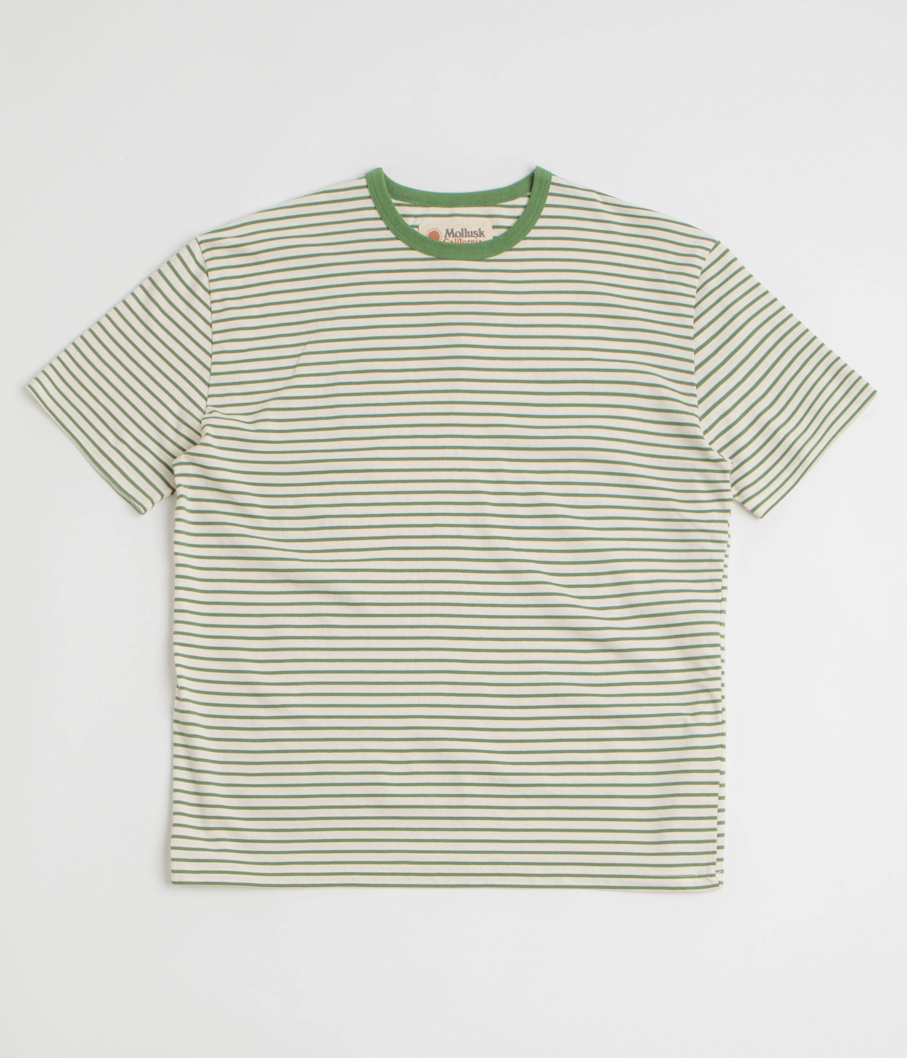 Mollusk Striped Heavy T-Shirt - Natural / Green Ribbed collar Daily Outfit