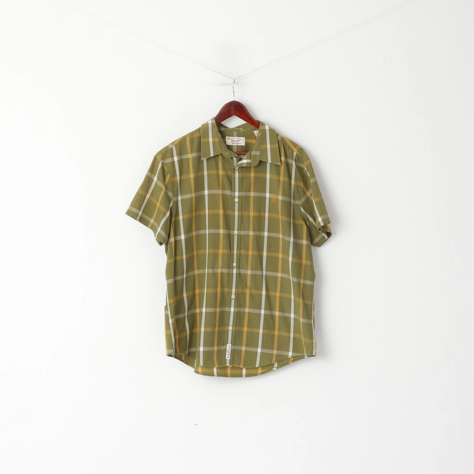 Loose Fit Versatile Look Original Penguin Men  XL Casual Shirt Green Check Cotton Classic Fit Short Sleeve Top