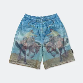 Double Layer Cowboy Printed Mesh Shorts - Blue Secure Closure System