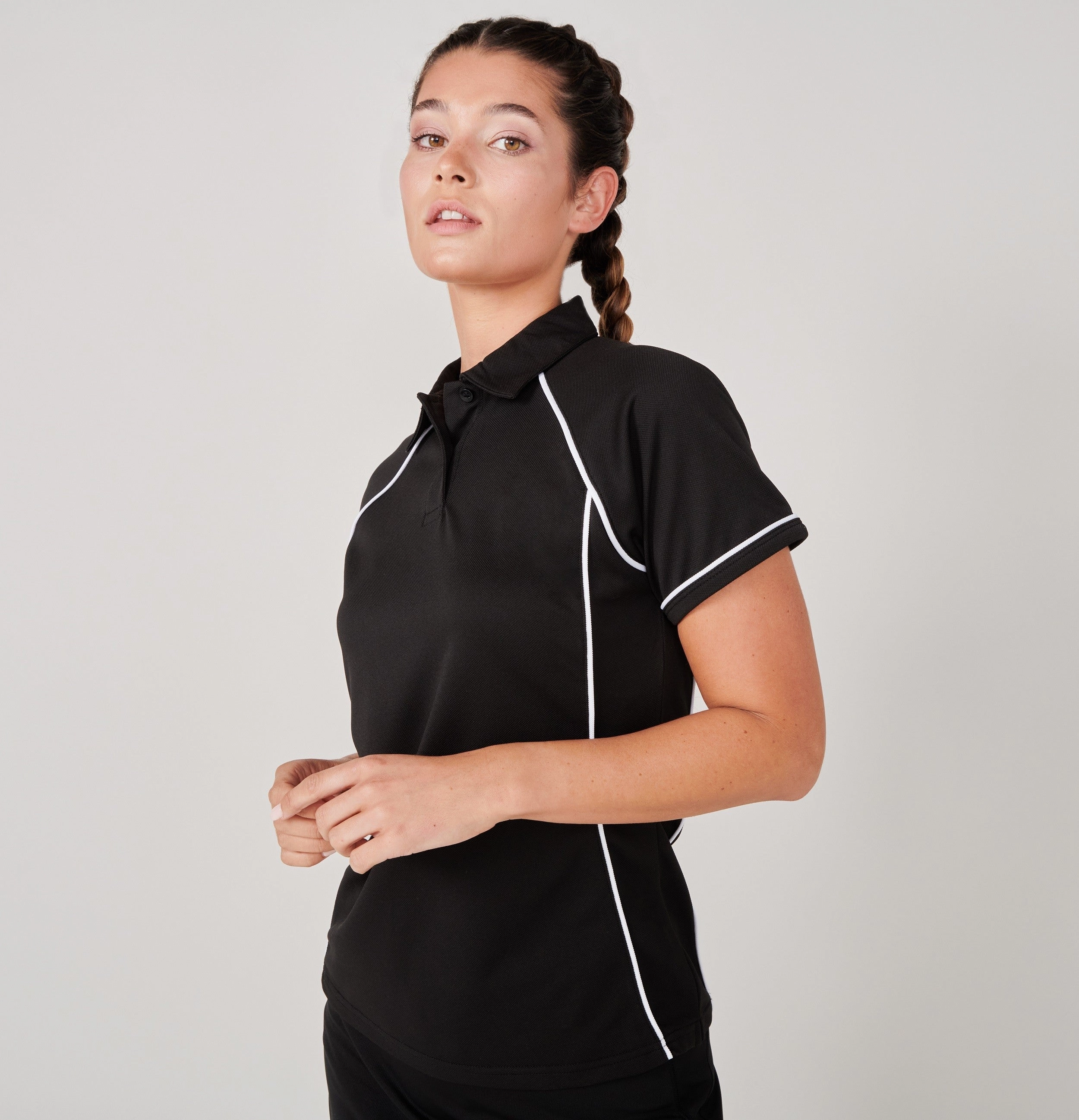 Weekend Ready Ladies Performance Piped Polo | BLACK/WHITE