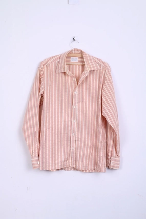 Premium Pima Cotton Michael Ash Mens 16 Casual Shirt Striped Orange Cotton Long Sleeve