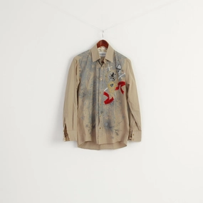 MONDO Men M Casual Shirt Beige Cotton Lycra Emroidered Knight Long Sleeve Top holiday season Plus Size Fit