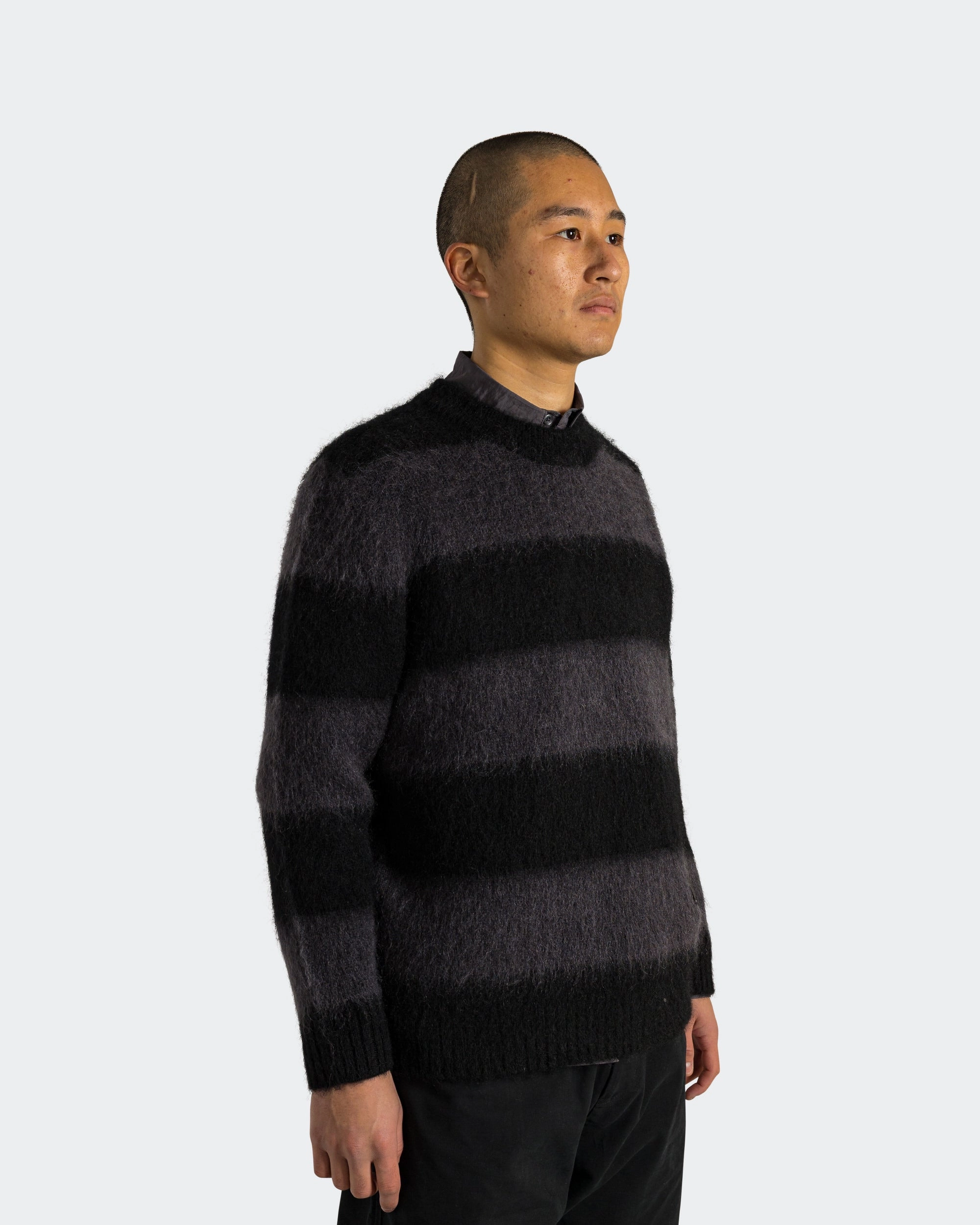 Wool Mohair Stripe Knit Sweater x UP THERE - Black/Charcoal FourWay Stretch