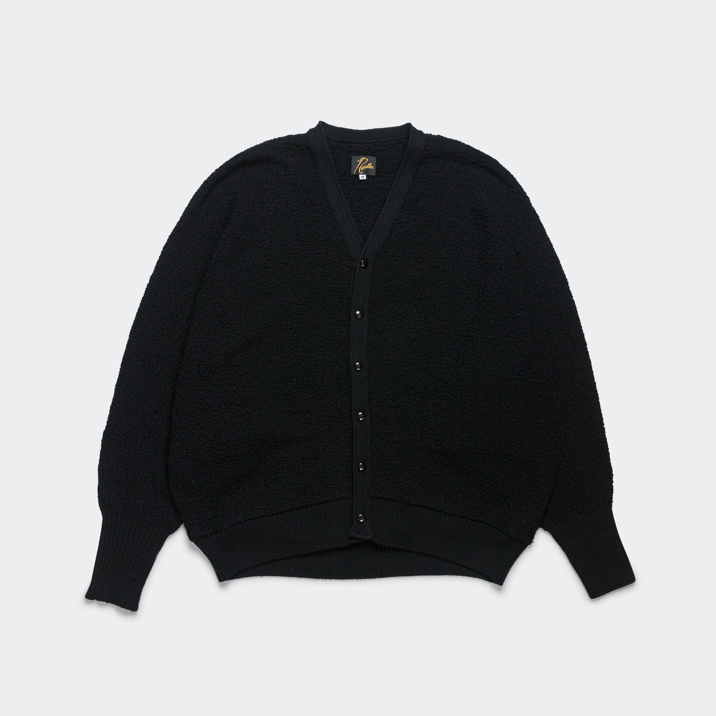 V-Neck Cardigan - Black Merino Wool Knit Trendy pick Interlock Weave