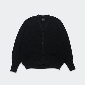 V-Neck Cardigan - Black Merino Wool Knit Trendy pick Interlock Weave