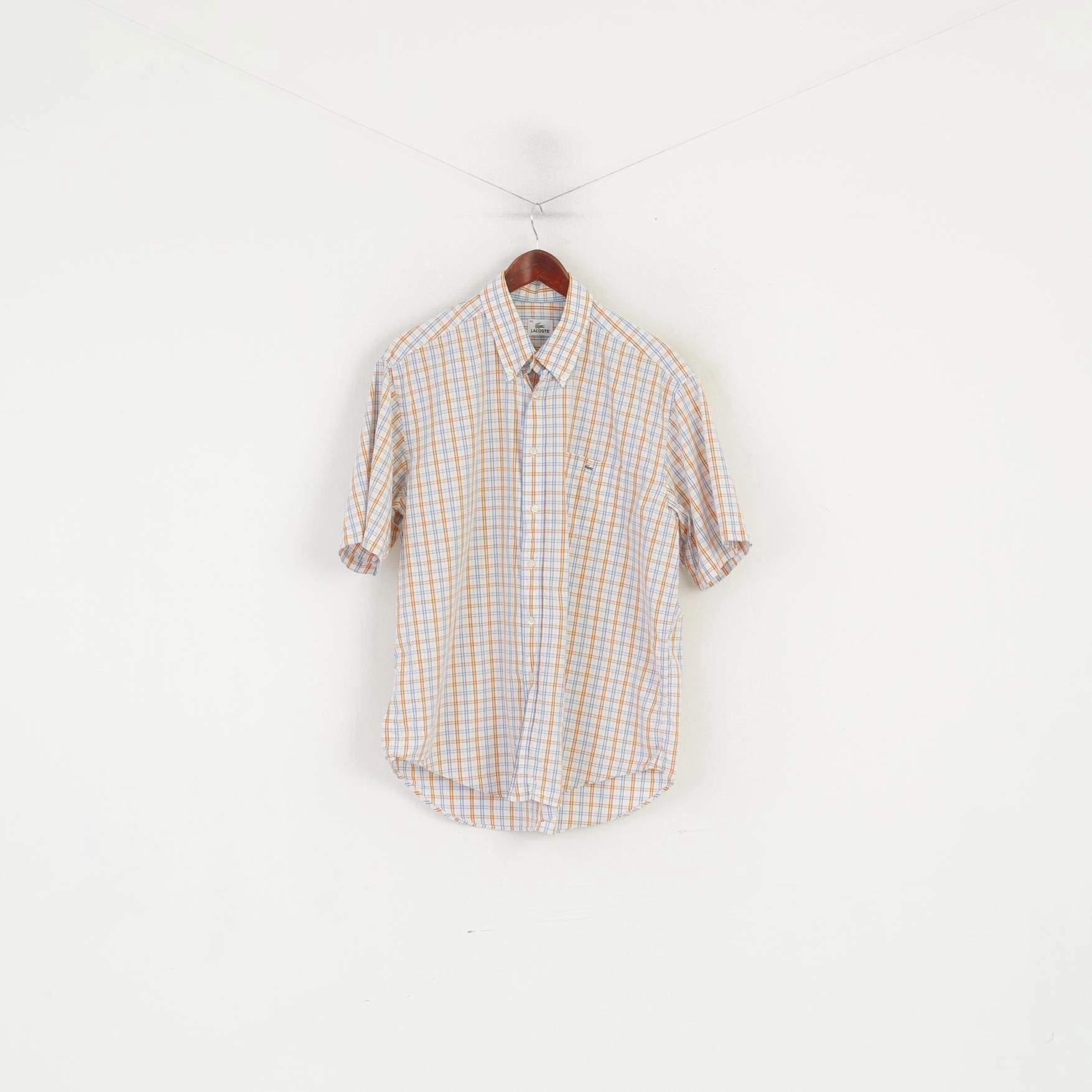 Luxury Feel Sheer Panel Lacoste Men 44 L Casual Shirt Blue Orange Check Cotton Long Sleeve Top