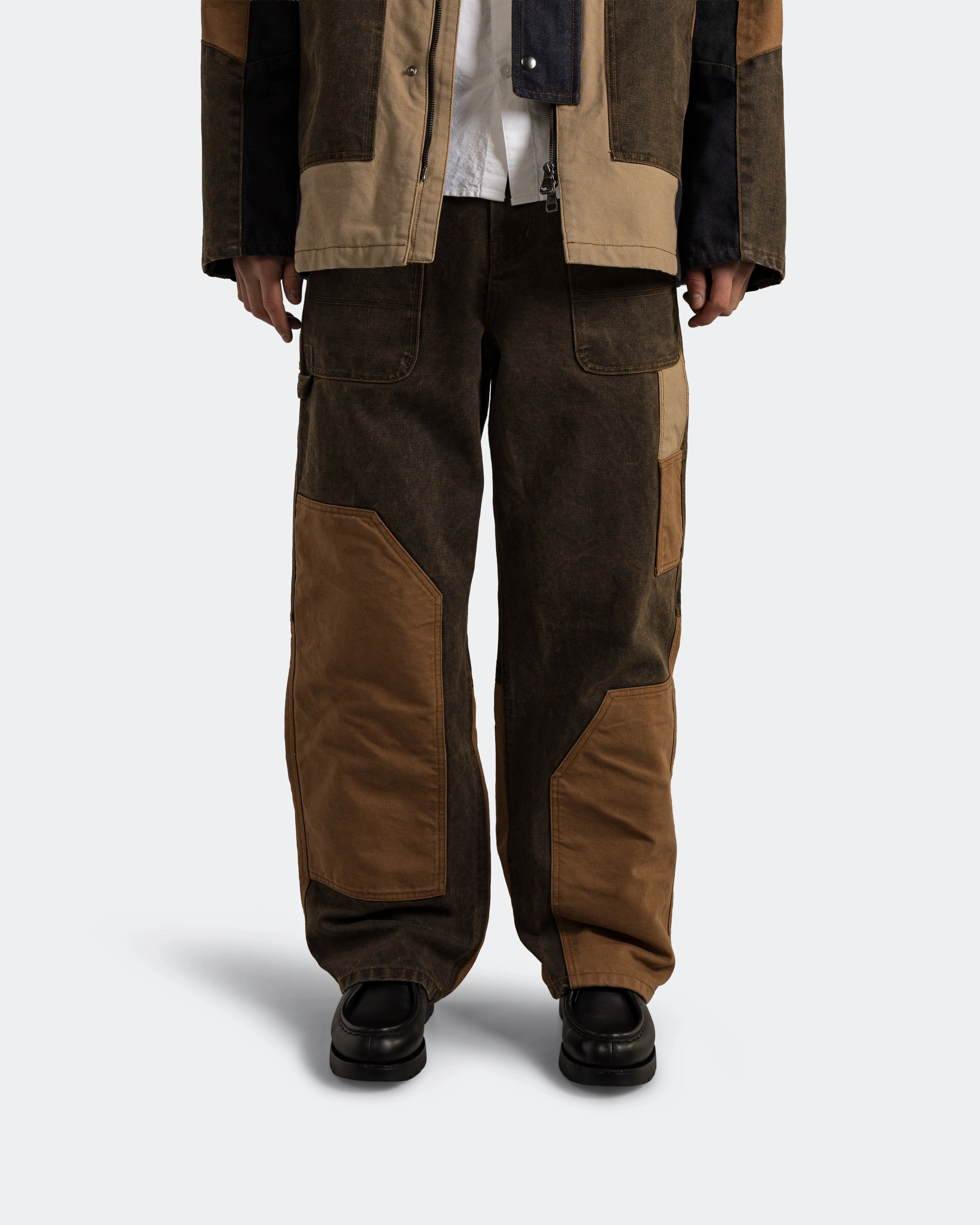 Seamless Waist Technology Boho chic Patchwork Carpenter Wide-Leg Jeans - Brown