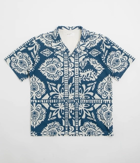 Universal Works Road Shirt - Navy / Island Print Abrasion Resistant Edging