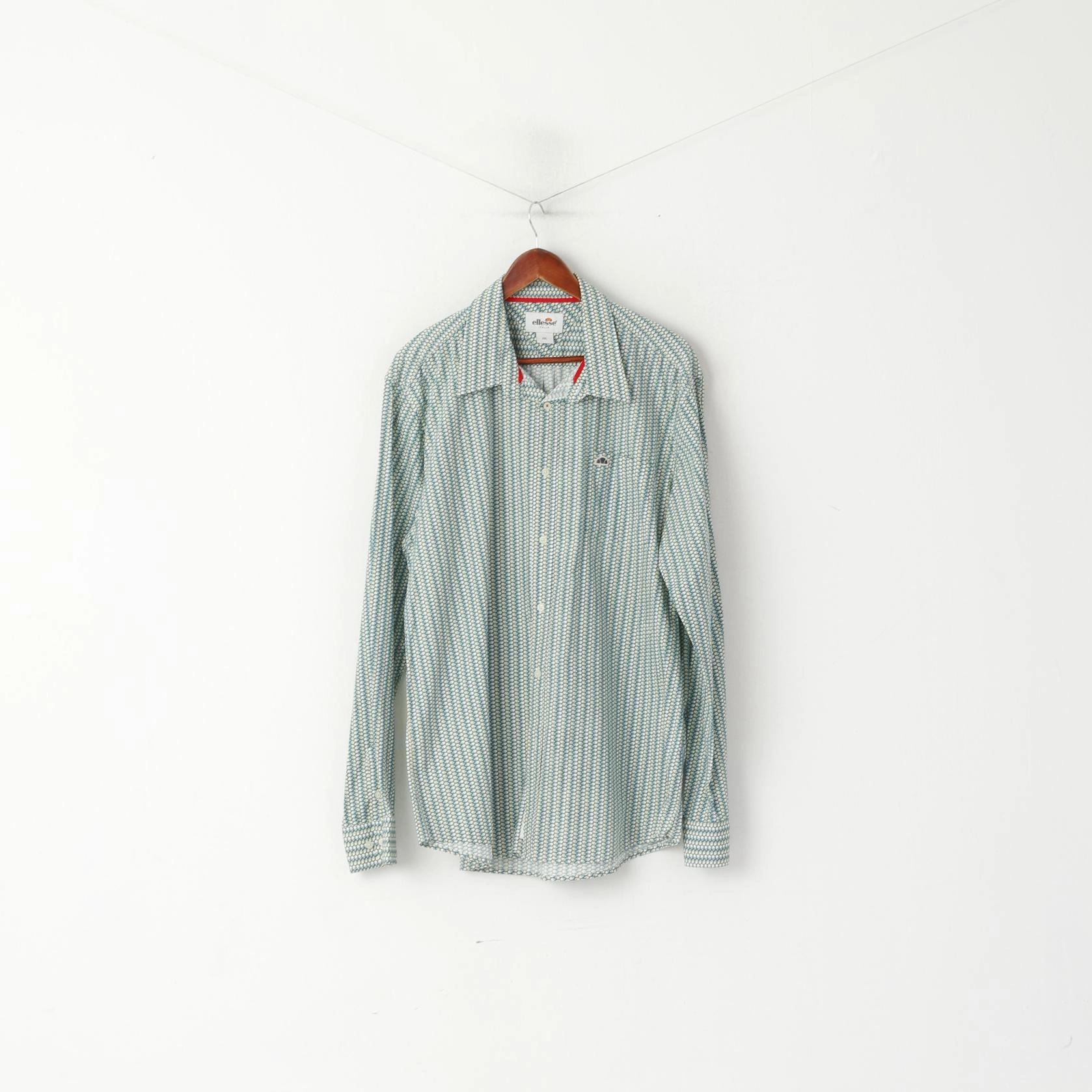 Ellesse Italia Men XXL Casual Shirt Green Cotton Multi Printed Deatailed Buttons Top Cocktail Event